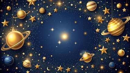 Golden Galaxy wallpaper with elegant stars and planets in a dark blue background, planetary, spaceful,  planetary,spaceful