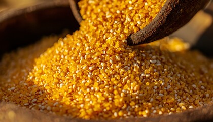 Golden Grains Poured into Wooden Bowl in Warm Sunlight