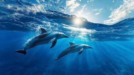 Obraz premium Two Beautiful Dolphins Swimming Underwater Through Sunrays with Breaking Wave Above. Split-Level, Over-Under Photo. Ocean Environmental Concept Background