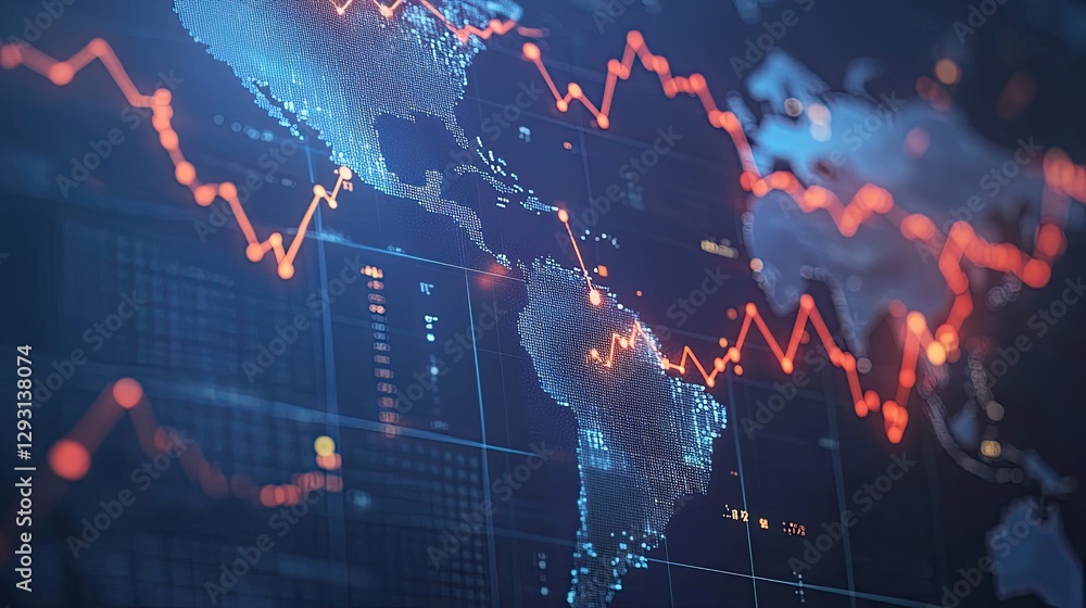 Poster a close-up of a world map with fluctuating arrows and economic data points, symbolizing changes in t