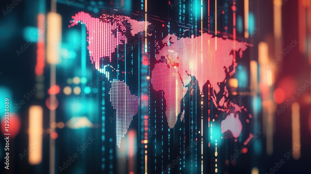 Poster a close-up of a world map with arrows and graphs, symbolizing the economic activity and global marke