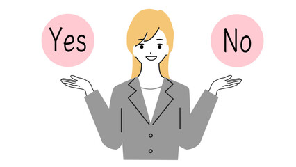 Illustration of the upper body of a young woman comparing yes and no with her hands in the shape of a balance