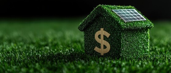 A miniature eco-friendly house covered in grass with a solar panel and money symbol.