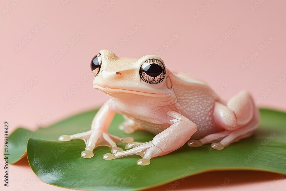 Poster white tree frog resting on a green leaf with a soft pink background in a tranquil setting