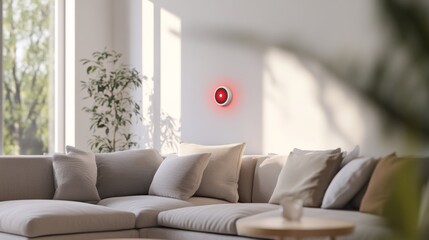 Carbon monoxide sensor in a bright living room with light-colored furniture. Featuring safety and readiness