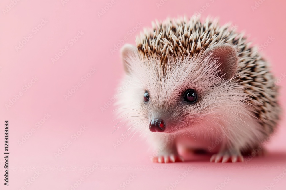 Poster small hedgehog with distinct spines exploring a pink backdrop in a calm indoor setting