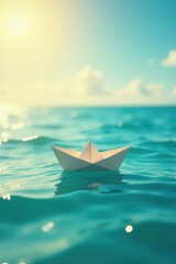 A tiny paper vessel navigates the tranquil azure waters, bathed in the warm glow of a setting sun, a serene and hopeful scene of summer's gentle embrace.