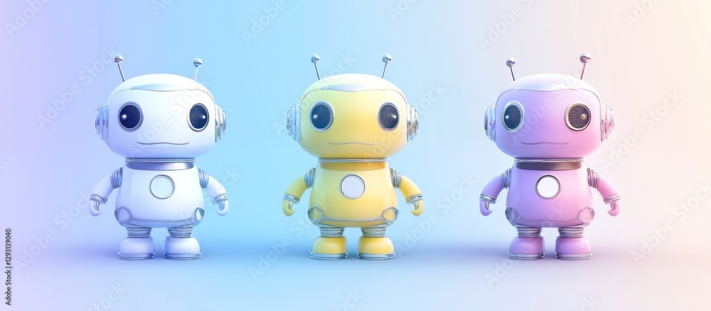 Poster adorable animated robots with pastel colors and soft lighting style
