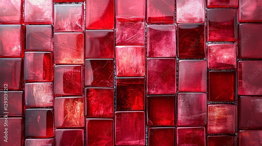 Poster a vibrant mosaic of glossy red tiles arranged in a visually striking pattern, showcasing various sha