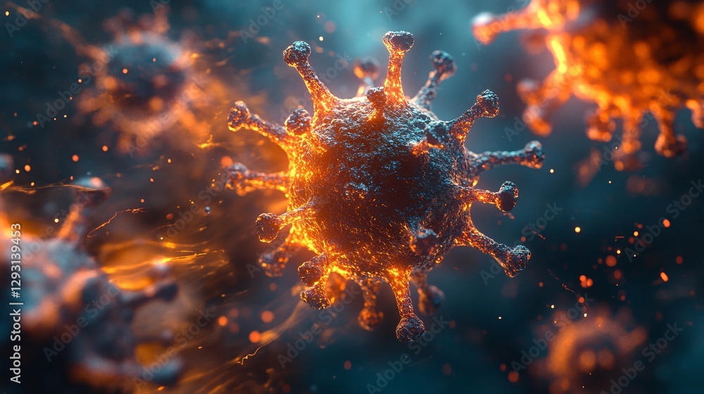 Poster a detailed illustration of a virus, showcasing its intricate structure with glowing elements, repres