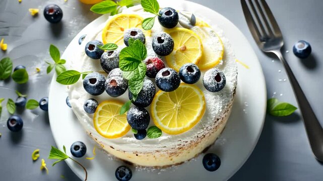 A vibrant lemon blueberry cake showcases layers of fresh fruit and mint, perfect for a delightful dessert or special occasion
