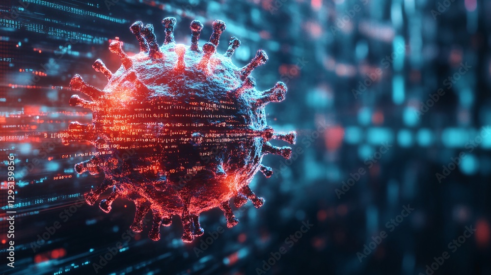 Poster a digital illustration of a virus, depicted in vibrant colors, surrounded by binary code, highlighti