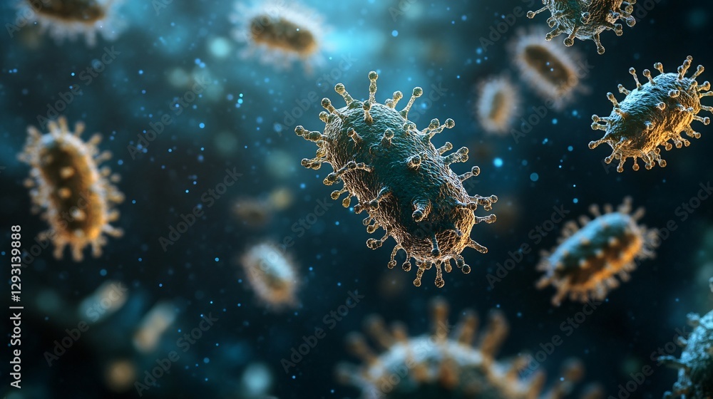 Poster a close-up view of microscopic bacteria illuminated in a blue environment, showcasing their intricat