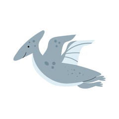 Cute pterodactyl dinosaur in a flat style. Blue flying reptile. Perfect for kids designs, nursery prints, stickers. Vector illustration isolated on white background.