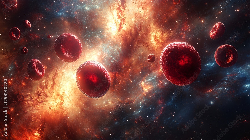 Aufkleber a vibrant cosmic scene with glowing red structures floating amid a backdrop of swirling galaxies and