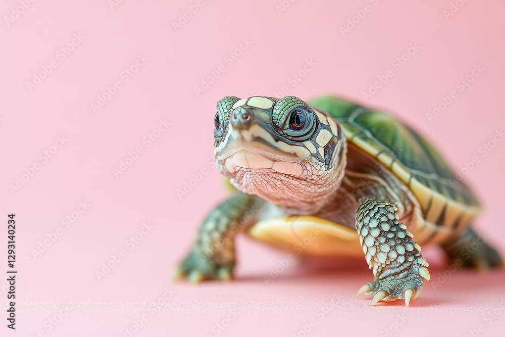 Poster beautiful baby turtle crawling on a pink background capturing attention with its vibrant colors and 