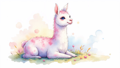 A cute white llama with pink spots is laying down in a field of flowers. The scene is peaceful and serene, with the llama looking content and relaxed