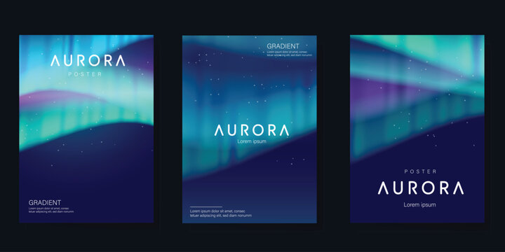 Modern gradient poster aurora design vector set. Minimalist cover template with vibrant northern light collection. Ideal design for background, social media, cover, banner, flyer, ads.