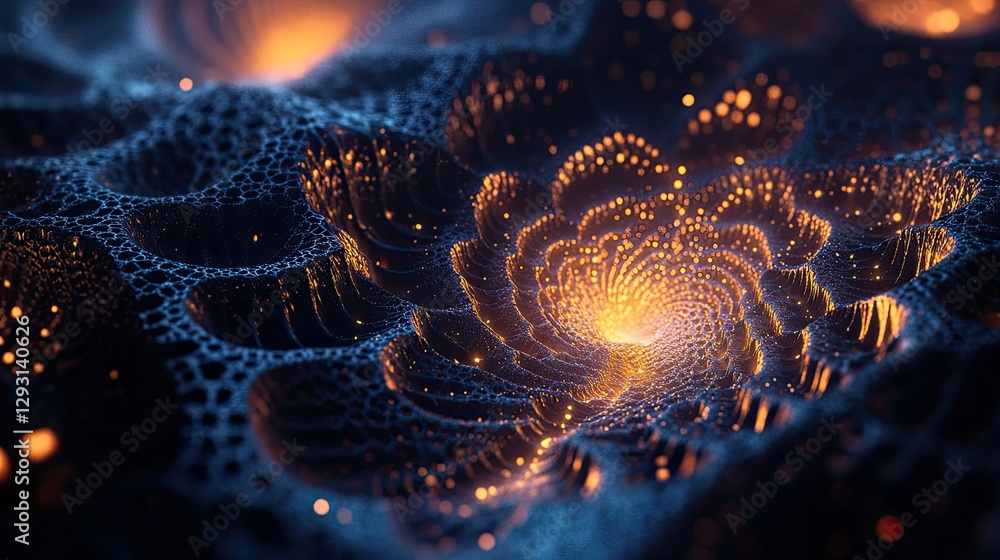Poster a glowing fractal pattern emerging from a blank dark space, symbolizing the complexity and beauty of