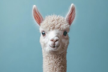 Obraz premium Cute llama with fluffy fur against a light blue background displaying a friendly expression in a close-up view