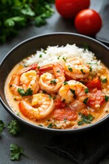 Shrimp in Tomato Sauce with Rice in a Bowl