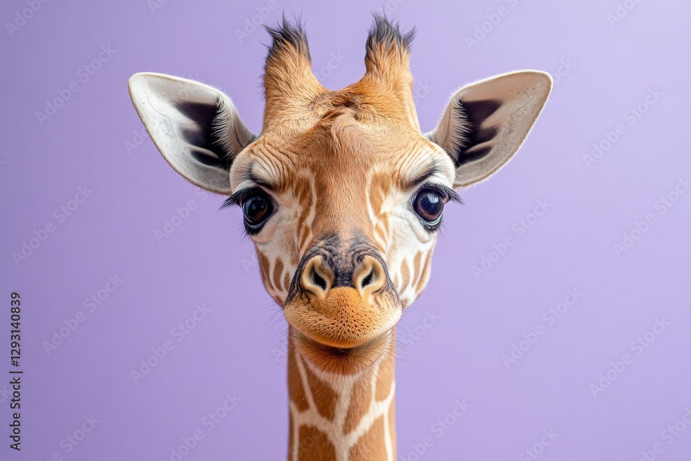 Aufkleber giraffe with expressive eyes against a soft purple background in a playful setting