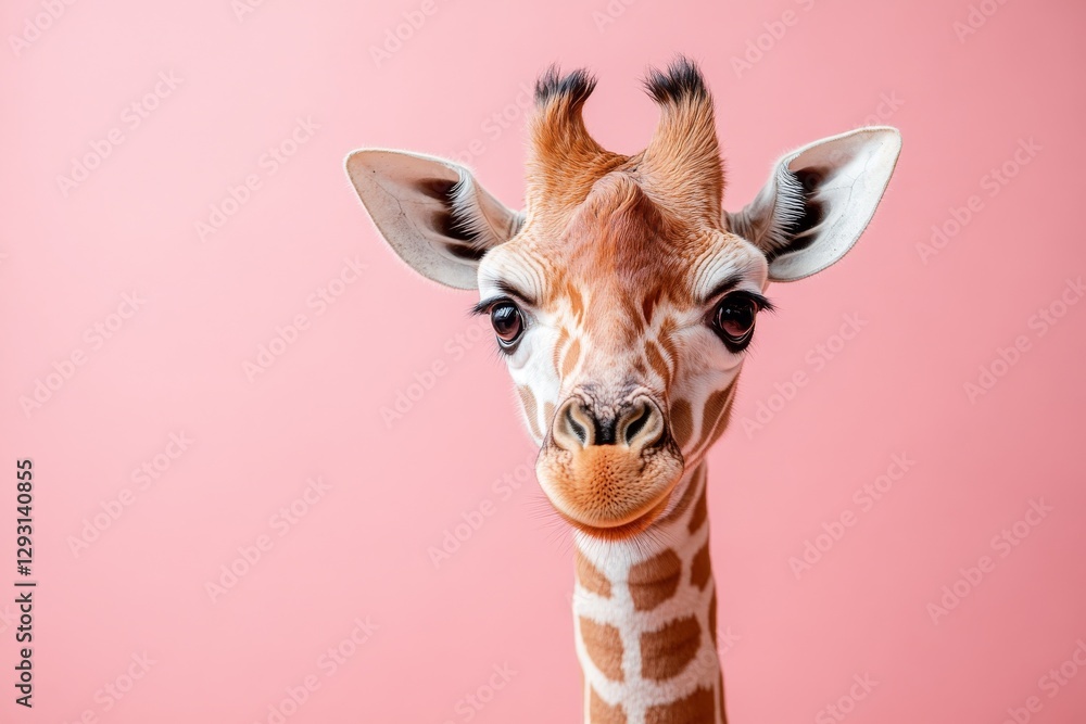 Poster curious giraffe gazes at the viewer against a pink background in a captivating and playful setting