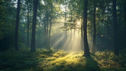 A serene forest scene with sunlight streaming through the trees, illuminating the lush greenery on the forest floor.