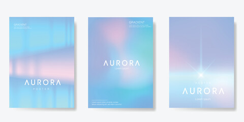 Fototapeta premium Modern gradient poster aurora design vector set. Minimalist cover template with vibrant northern light collection. Ideal design for background, social media, cover, banner, flyer, ads.