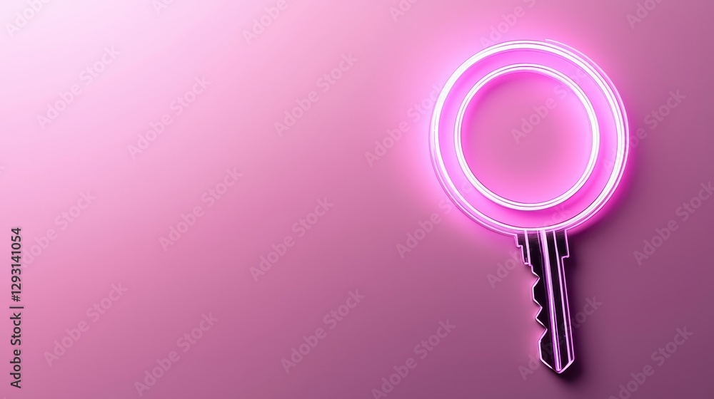 Poster a modern key design with neon elements against a pink background.