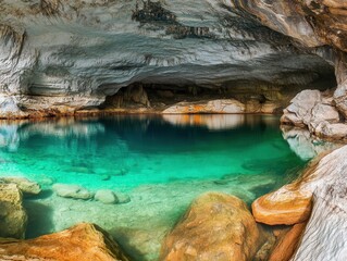 Fototapeta premium Exploring the mesmerizing depths of a diving cave revealing crystal-clear waters and stunning rock formations. Generative AI