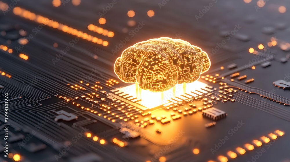 Poster Illuminated brain on a circuit board representing artificial intelligence