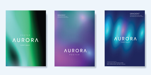 Modern gradient poster aurora design vector set. Minimalist cover template with vibrant northern light collection. Ideal design for background, social media, cover, banner, flyer, ads.