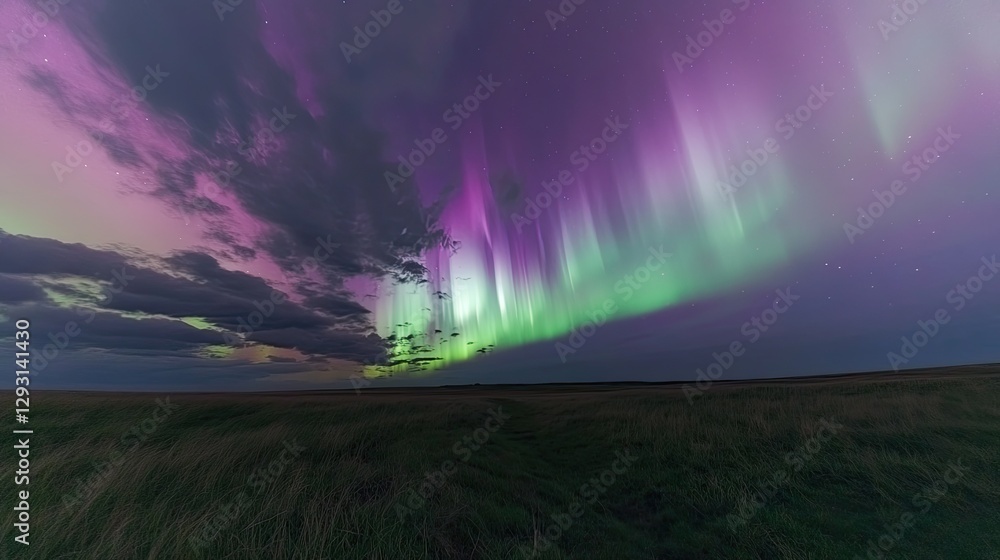 Poster a mesmerizing display of the southern lights over a remote field, with the aurora casting soft light