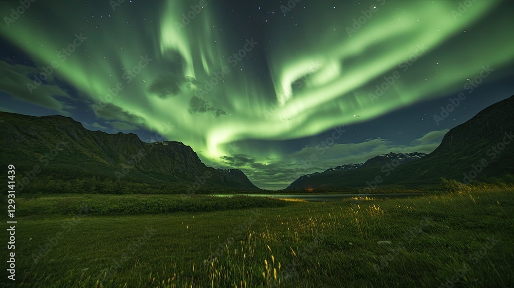 Poster A mesmerizing display of the Southern Lights over a remote field, with the aurora casting soft light on the surroundings.