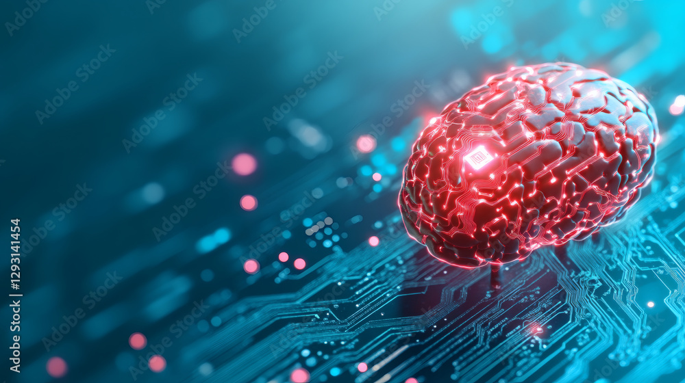 Poster Digital brain with glowing circuits on a blue background