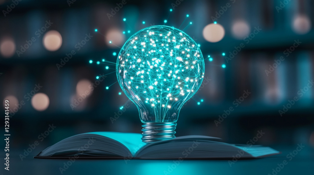 Poster Light bulb glowing above an open book with sparkling particles in a library setting