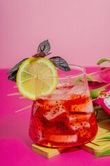 Dragon fruit refreshment drink. Pitaya tropical beverage, smoothie, cocktail. Sweet lemonade