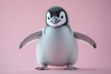 Fototapeta premium Cute penguin chick standing on a soft pink background looking curiously at the viewer and spreading its wings playfully