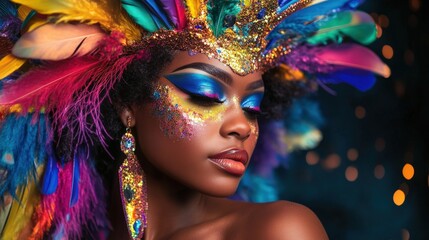 Fototapeta premium Woman adorned with vibrant carnival headdress and makeup