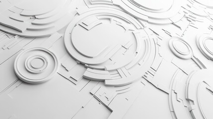 Abstract white 3D layered geometric design, featuring circles, lines, and panels.