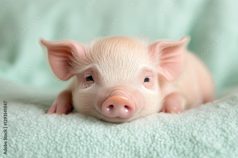 Poster cute piglet resting on a soft blanket in a cozy environment with a tranquil expression