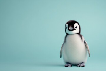 Cute baby penguin standing on a soft teal background looking curiously at the camera during a sunny day