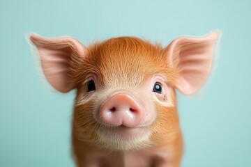 Fototapeta premium Cute piglet with orange fur poses against a light blue background in a studio setting showcasing its adorable features