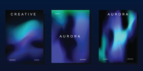 Modern gradient poster aurora design vector set. Minimalist cover template with vibrant northern light collection. Ideal design for background, social media, cover, banner, flyer, ads.