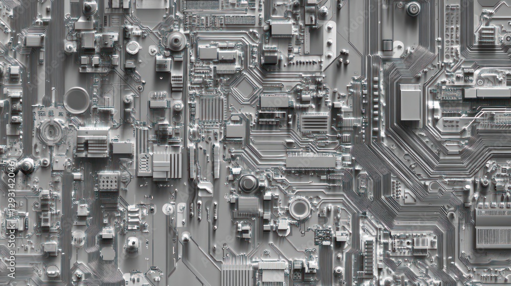 Poster abstract circuit board, detailed close-up view of intricate gray electronic components and pathways.