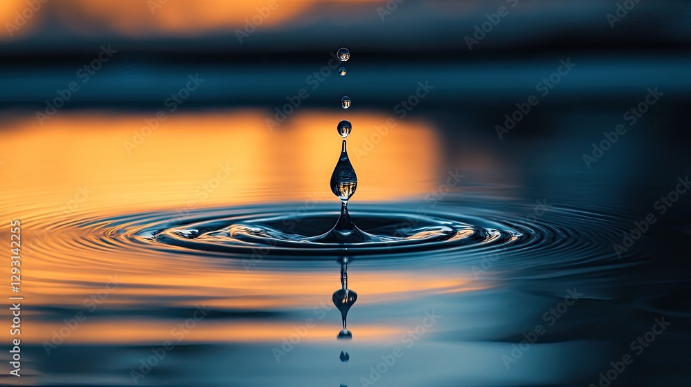 Poster a single drop of water falling into still water, creating ripples that signify the start of somethin