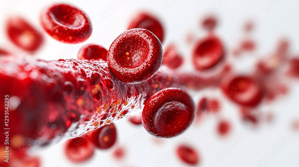 Poster a close-up view of red blood cells flowing through a vessel, illustrating the dynamic movement and s