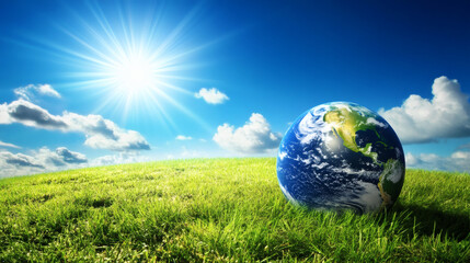 Vibrant landscape featuring Earth under a bright sun and blue sky