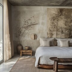 This bedroom features simple minimalist design in neutral earth tones